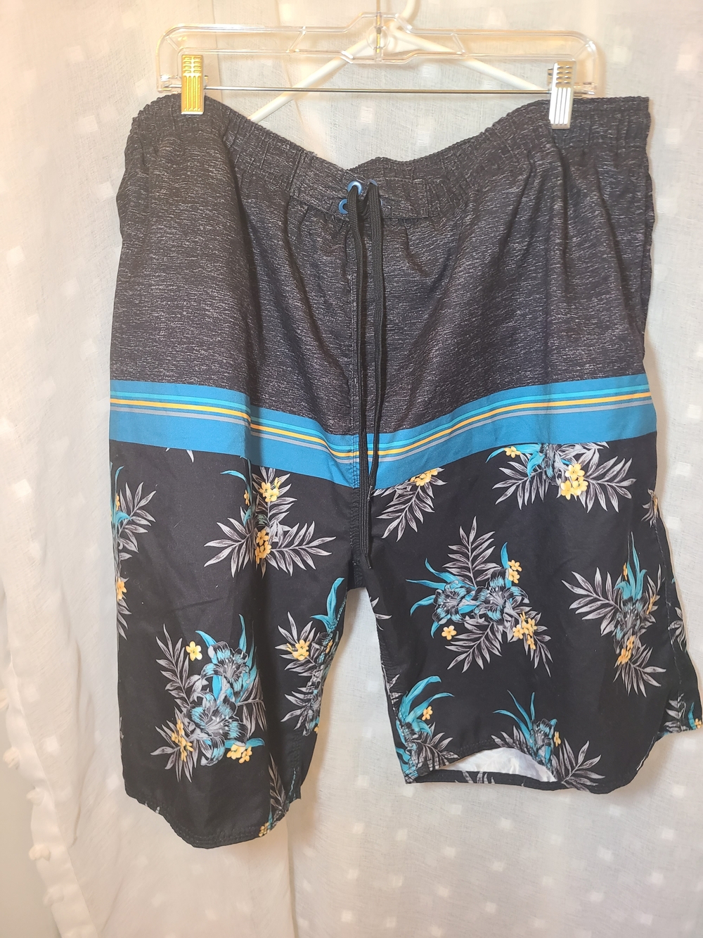 Men's Black Floral Stripe Swim Trunks with Blue Accents